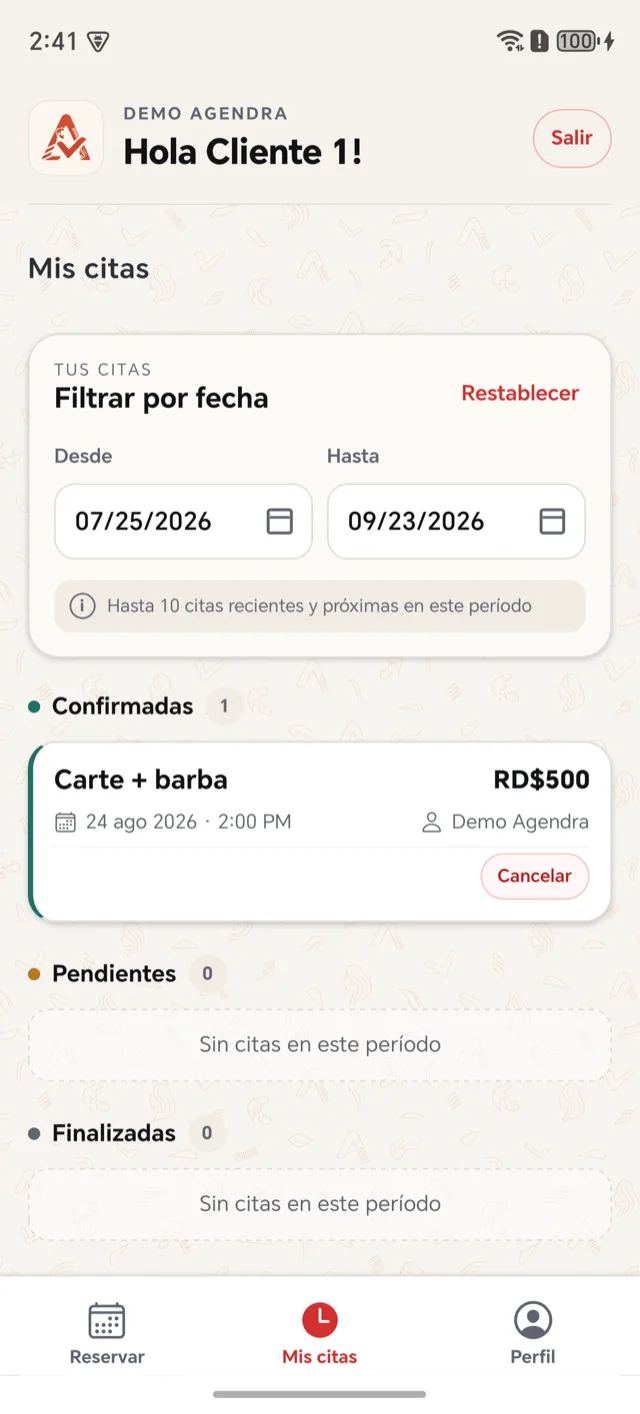 Mis citas en la app Agendra